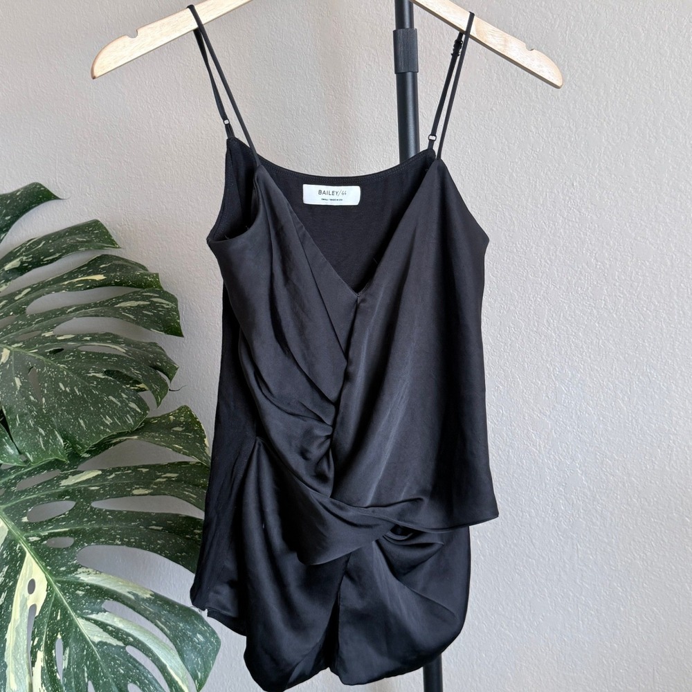 Bailey 44 Draped Cami Satin Black Top Size Small Quiet Luxury Flirty Low Cut